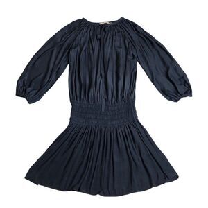 Ramy Brook Hope Dress Womens XS Navy Blue Blouson Long Sleeve Mini Smocked Waist